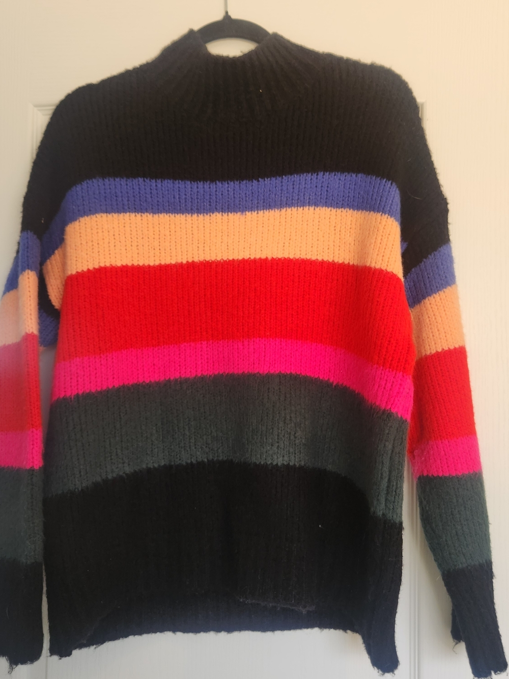 Fantastic Fawn Black Sweater with Red, Pink & Blue Stripes M Euc